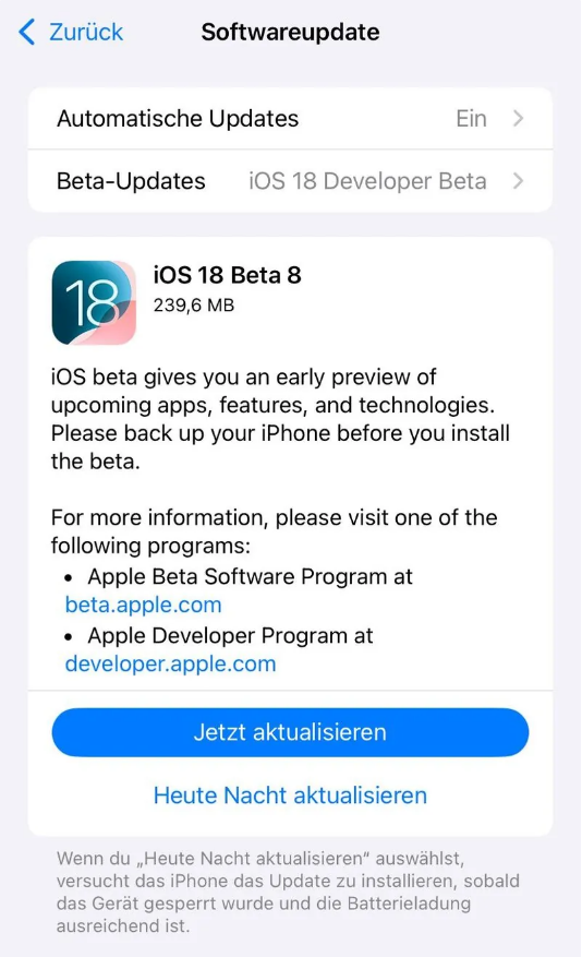 达川苹果手机维修分享苹果 iOS / iPadOS 18 开发者预览版 Beta 8 发布 